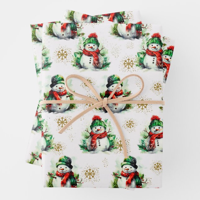 Cute Watercolor Frosty in Red Green Wrapping Paper Sheets (In situ)