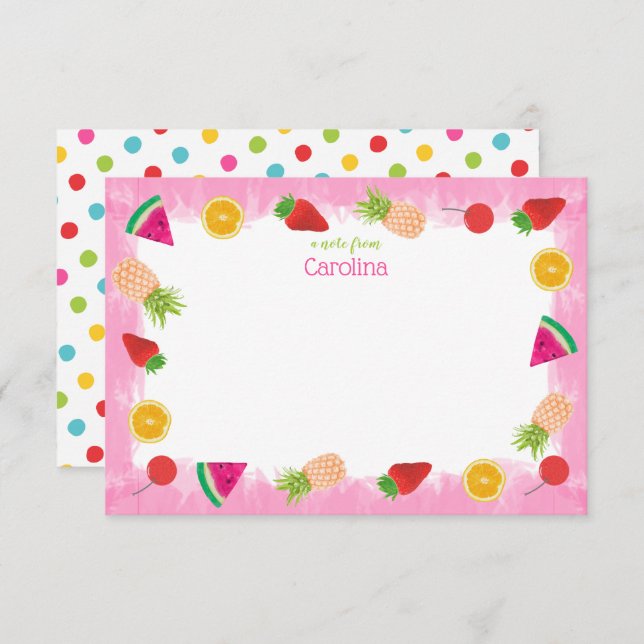 Cute Watercolor Fruits & Dots Pink Stationery Thank You Card (Front/Back)