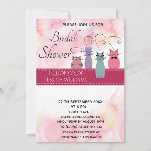 Cute watercolor funny colorful whimsy cats invitation