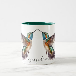 Cute Watercolor Funny Hummingbird Personalize Name Two-Tone Coffee Mug