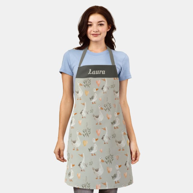 Cute Watercolor Geese - Customizable Apron (Worn)