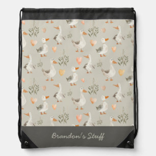 Cute Watercolor Geese & Name Drawstring Bag