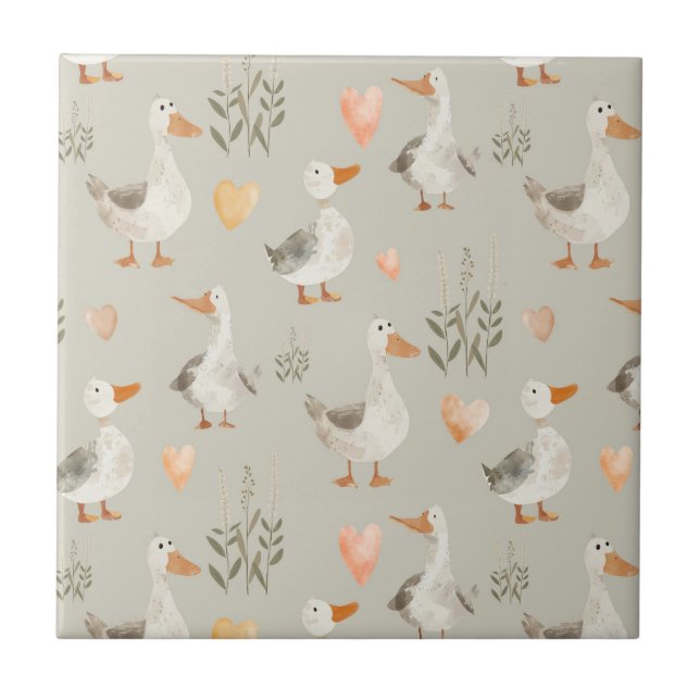 Cute Watercolor Geese Pattern Ceramic Tile (Front)