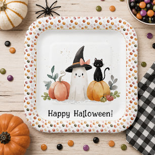 Cute Watercolor Ghost Black Cat Pumpkin Halloween Paper Plates