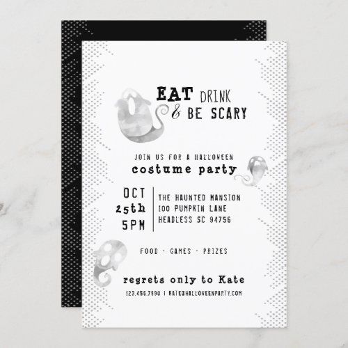 Cute Watercolor Ghost Eat Drink Be Scary Halloween Invitation