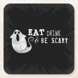 Cute Watercolor Ghost Eat Drink Scary Halloween Square Paper Coaster