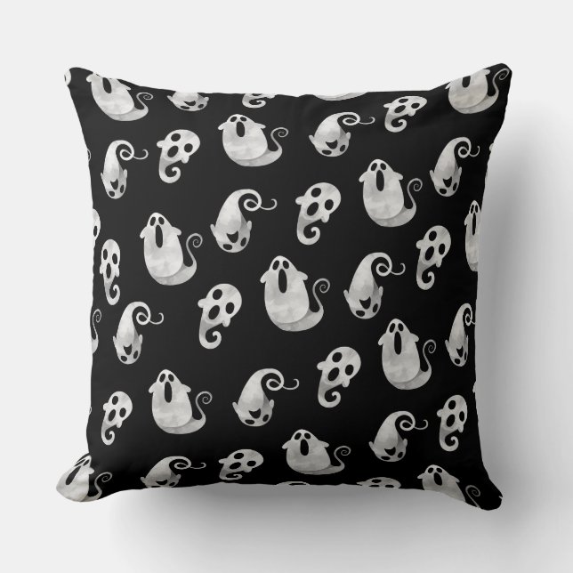 Cute Watercolor Ghost & Ghouls Halloween Throw Pillow (Front)
