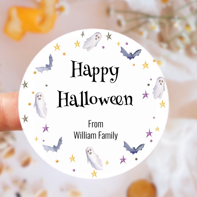Cute Watercolor Ghost Happy Halloween Classic Round Sticker (Cute Watercolor Ghost Happy Halloween Classic Round Sticker)