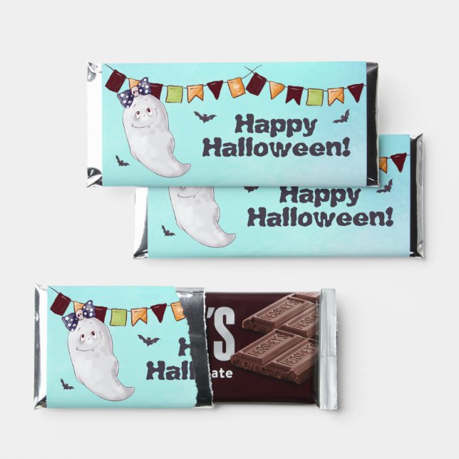 Cute Watercolor Ghost Happy Halloween Hershey Bar Favors (Front)