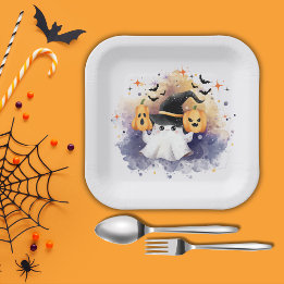 Cute Watercolor Ghost Pumpkin Baby Shower Paper Plates