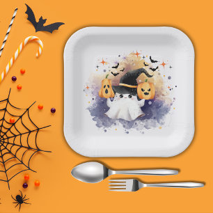 Cute Watercolor Ghost Pumpkin Baby Shower  Paper Plates