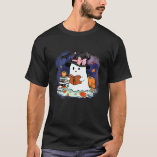 Cute Watercolor Ghost Reading Book Lovers Hallowee T-Shirt