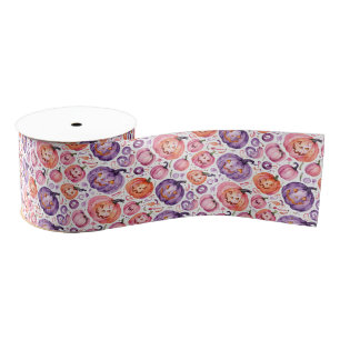 Cute Watercolor Ghostly Pink and Orange Pumpkin Grosgrain Ribbon