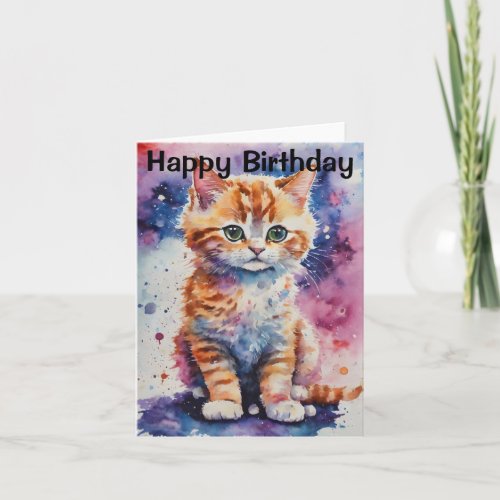 Cute Watercolor Ginger Kitten Birthday Card