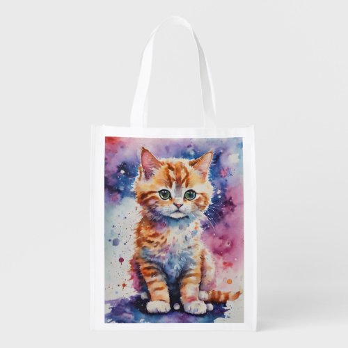 Cute Watercolor Ginger Kitten  Grocery Bag