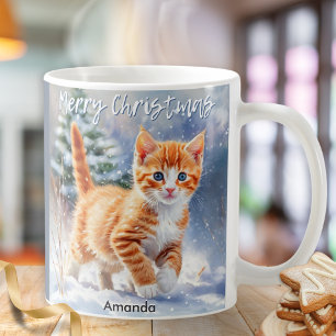 Cute Watercolor Ginger Kitten Snow Christmas Coffee Mug