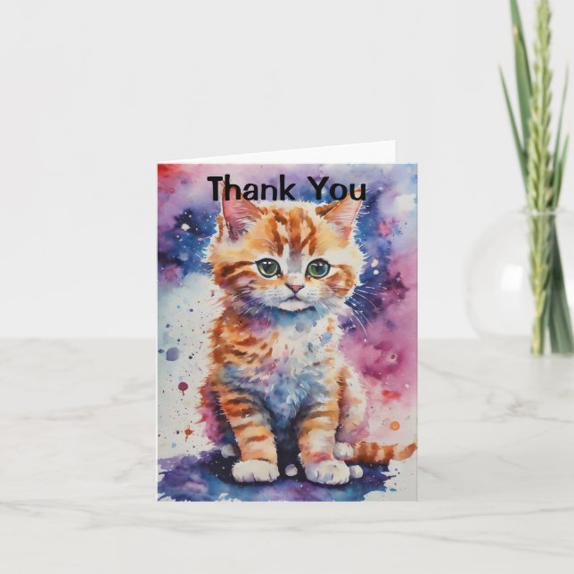 Cute Watercolor Ginger Kitten  Thank You Card (Front)