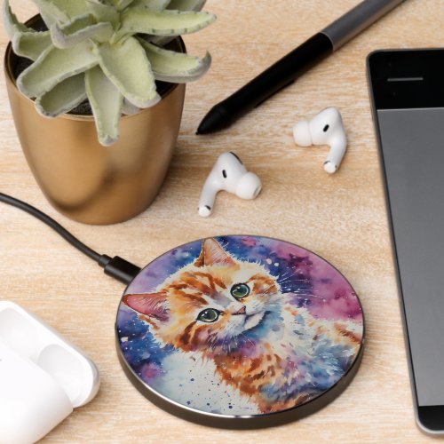 Cute Watercolor Ginger Kitten  Wireless Charger