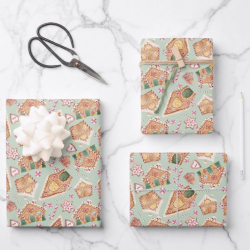 Cute Watercolor Gingerbread House Green Christmas Wrapping Paper Sheets