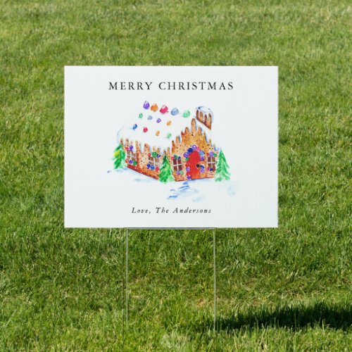 Cute Watercolor Gingerbread House Merry Christmas  Sign