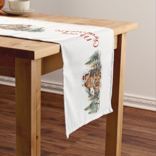 Cute watercolor gingerbread house pine trees short table runner