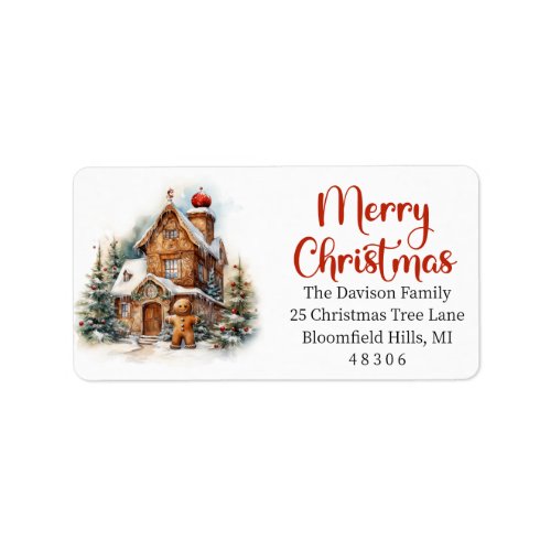 Cute watercolor gingerbread house red holly berry label