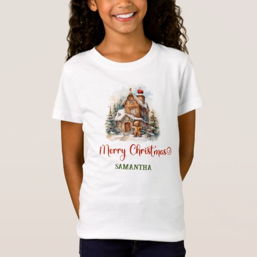 Cute watercolor gingerbread house sage green red  T_Shirt
