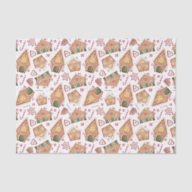 Cute Watercolor Gingerbread House White Christmas Tissue Paper (Front)