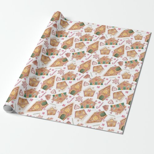 Cute Watercolor Gingerbread House White Christmas Wrapping Paper