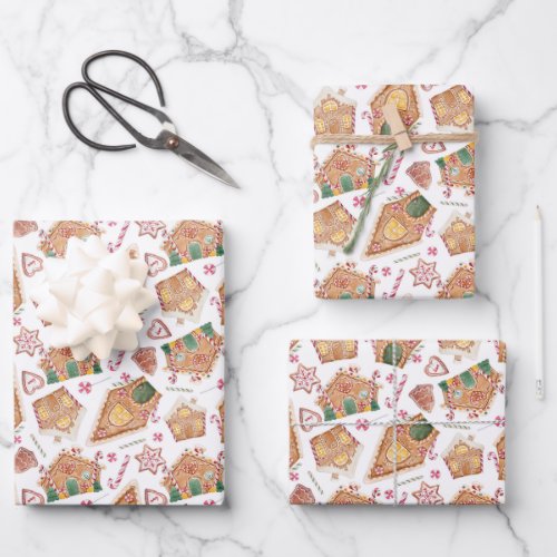 Cute Watercolor Gingerbread House White Christmas Wrapping Paper Sheets