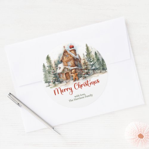 Cute watercolor gingerbread house winter forest classic round sticker