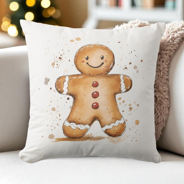 Cute Watercolor Gingerbread Man Farmhouse Holiday Throw Pillow (Cute Watercolor Gingerbread Man Farmhouse Holiday Throw Pillow)