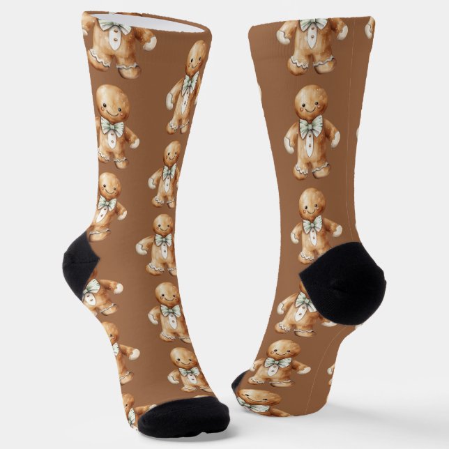 Cute Watercolor Gingerbread Man Pattern Brown Socks (Angled)