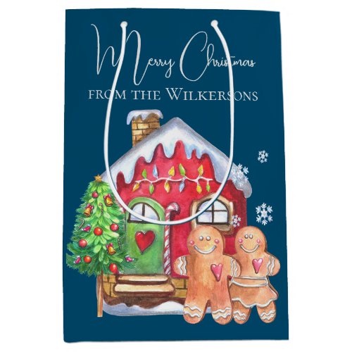 Cute Watercolor Gingerbread People on Blue Medium Gift Bag