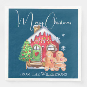 Cute Watercolor Gingerbread People on Blue Paper Dinner Napkins