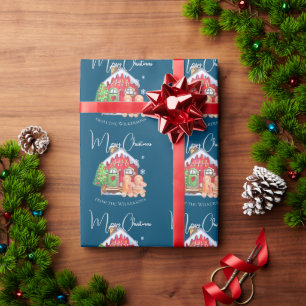 Cute Watercolor Gingerbread People on Blue Wrapping Paper
