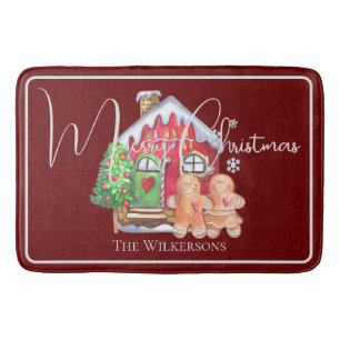 Cute Watercolor Gingerbread People on Burgundy Bath Mat