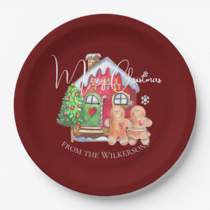 Cute Watercolor Gingerbread People on Burgundy Paper Plates