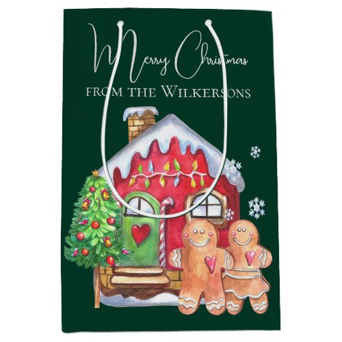 Cute Watercolor Gingerbread People on Green Medium Gift Bag