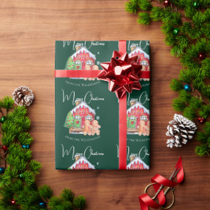 Cute Watercolor Gingerbread People on Green Wrapping Paper