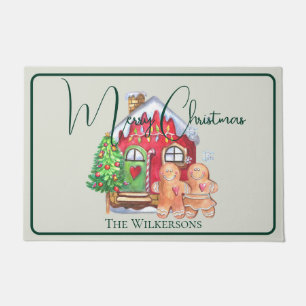 Cute Watercolor Gingerbread People on Sage Doormat