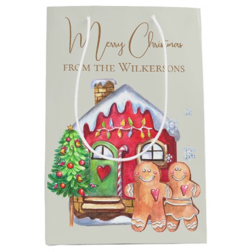 Cute Watercolor Gingerbread People on Sage Medium Gift Bag