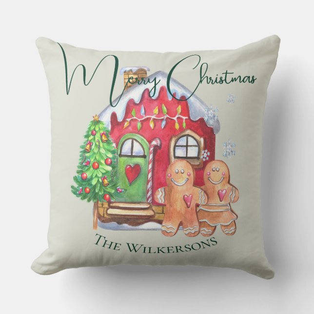 Cute Watercolor Gingerbread People on Sage Throw Pillow (Front)
