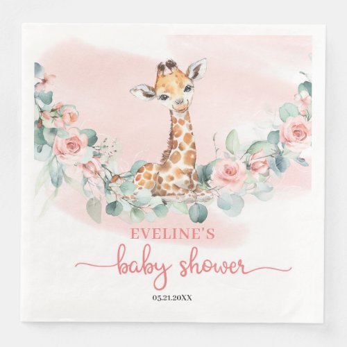 Cute watercolor giraffe eucalyptus and blush roses paper dinner napkins