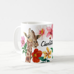 Cute Watercolor Giraffe Floral Name Coffee Mug