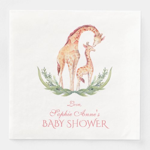 Cute Watercolor Giraffe Girl Baby Shower Paper Dinner Napkins