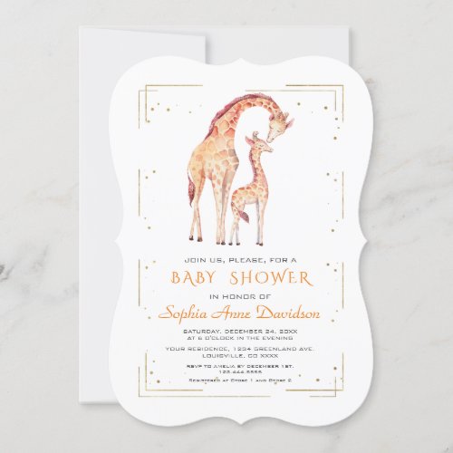 Cute Watercolor Giraffe Gold Glitter Baby Shower Invitation