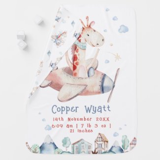 Cute Watercolor Giraffe on Airplane Birth Stats