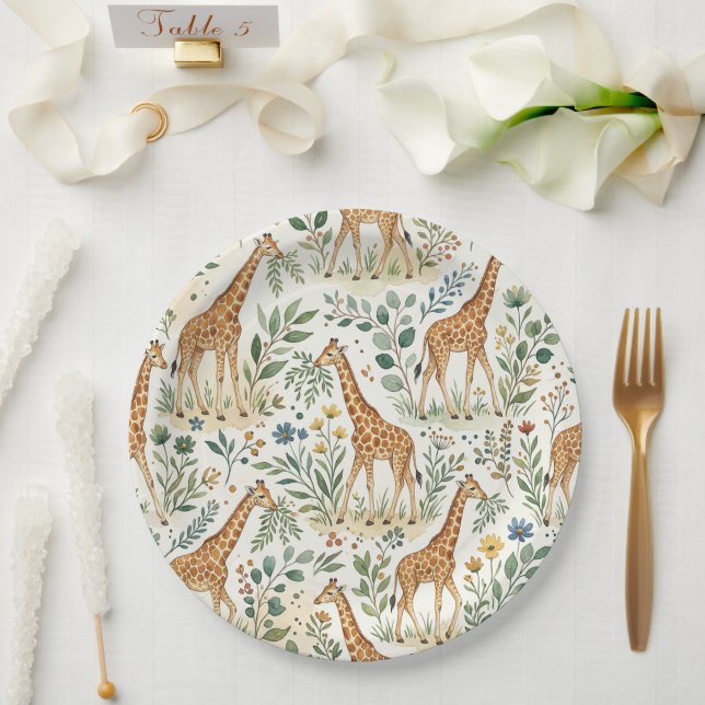 Cute Watercolor Giraffe Pattern Paper Plates (Wedding)
