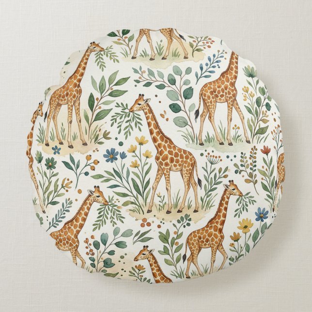 Cute Watercolor Giraffe Pattern Round Pillow (Front)